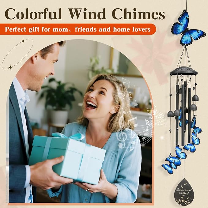 Butterfly Wind Chimes Outdoor Metal Windchimes Garden Patio Decor | Butterfly Gifts for Women Ideal Memorial/Housewarming/Birthday/Festival Gifts Front Yard Decor