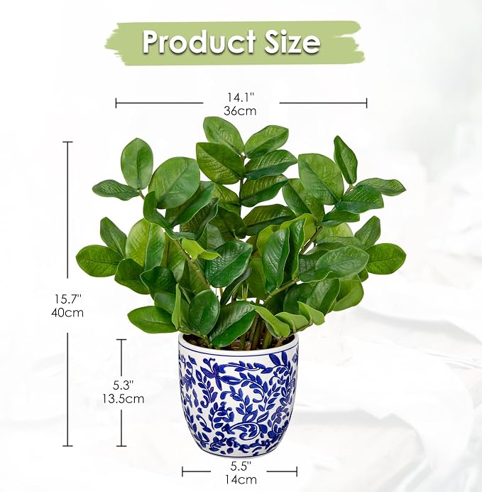 Briful Faux Plants Indoor 15.7in Fake ZZ Silk Plant in Blue and White Ceramic Pot Realistic Artificial Tropical Plant for Home Office Room Kitchen Shelf Decor