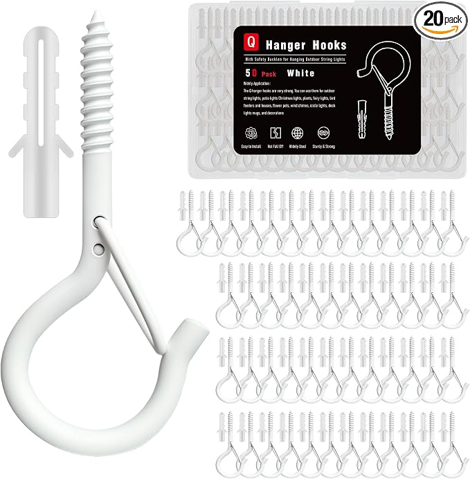 Black Screw Hooks with Safety Lock 2.3" Rustproof Metal Ceiling Hooks for Hanging Plants, Baskets,String Lights & Outdoor Decor, 40LB Capacity (50, White)