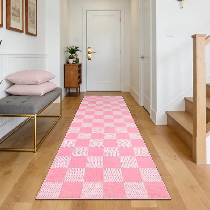 GarveeHome Checkered Pink 2x6 Washable Kitchen Runner Rug Low-Pile Entryway | Pink and White Small Area Rug for Hallway Bedroom Bathroom Non-Slip Stain Resistant Geometric Rugs TPE Backing