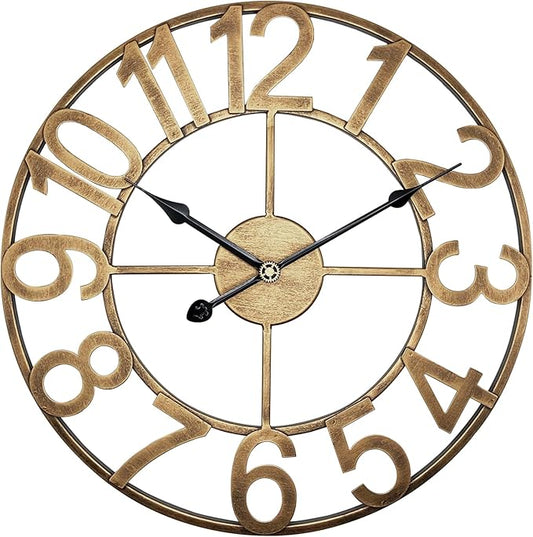 24 Inch Large Outdoor Clock for Patio, Porch, Pool Area, Indoor Outdoor Wall Clock Waterproof Silent Analog Battery Operated for Kitchen, Living Room Decor - Vintage Gold