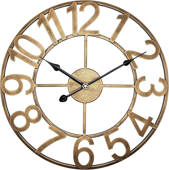 Large Outdoor Clock, 16 Inch Kitchen Wall Clock Silent Non-Ticking Battery, Retro Vintage Gold Metal Decorative Clock for Outdoor Patio, Farmhouse, Living Room, Office
