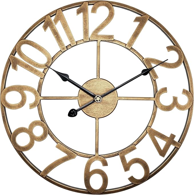 Large Outdoor Clock Waterproof, 20 Inch Patio Wall Clock Silent Non-Ticking Battery, Retro Vintage Gold Metal Decorative Clock for Farmhouse Living Room, Kitchen, Office
