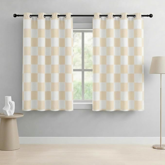 100% Blackout Checkered Curtains – 2 Panels, Each W52×L63, Thermal Insulated, Nosie Reducing for Bedroom, Modern Cream and White Checkerboard Design