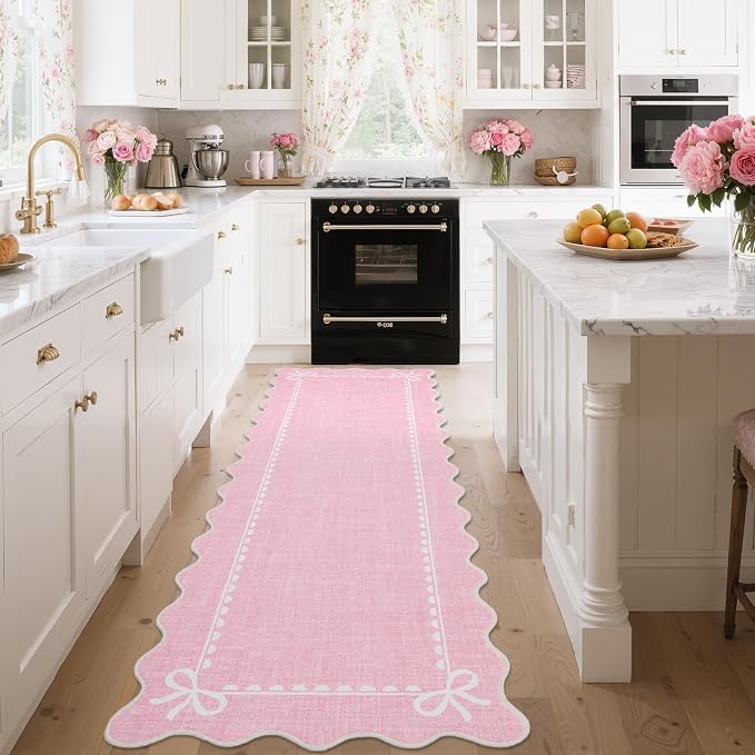 GarveeHome Scalloped Hallway Runner Rug 2x6 Non Slip Bedroom Rugs, Pink | Washable Bow Rug for Girls Dorm Nursery Living Room Entyrway Kitchen, Soft Low Pile Ultra-Thin Stain Resistant Indoor Carpet