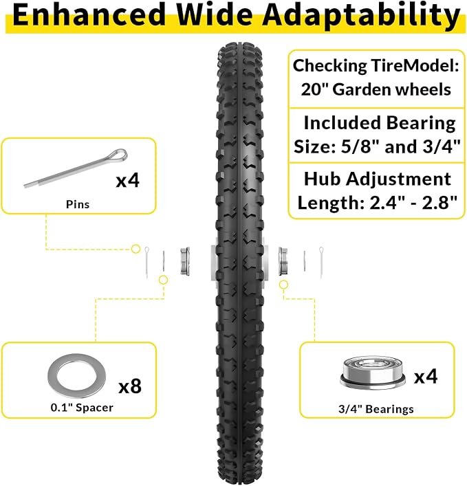 RONPOW 20 Inch Flat Free Wheelbarrow Wheels Compatible with rubbermaid Wheelbarrows Cart Tires, 5/8" Bearings and 3/4" Bearings, Replacement Wheelbarrow Wheels Garden Yard Carts, 400Lbs, 2Pack White