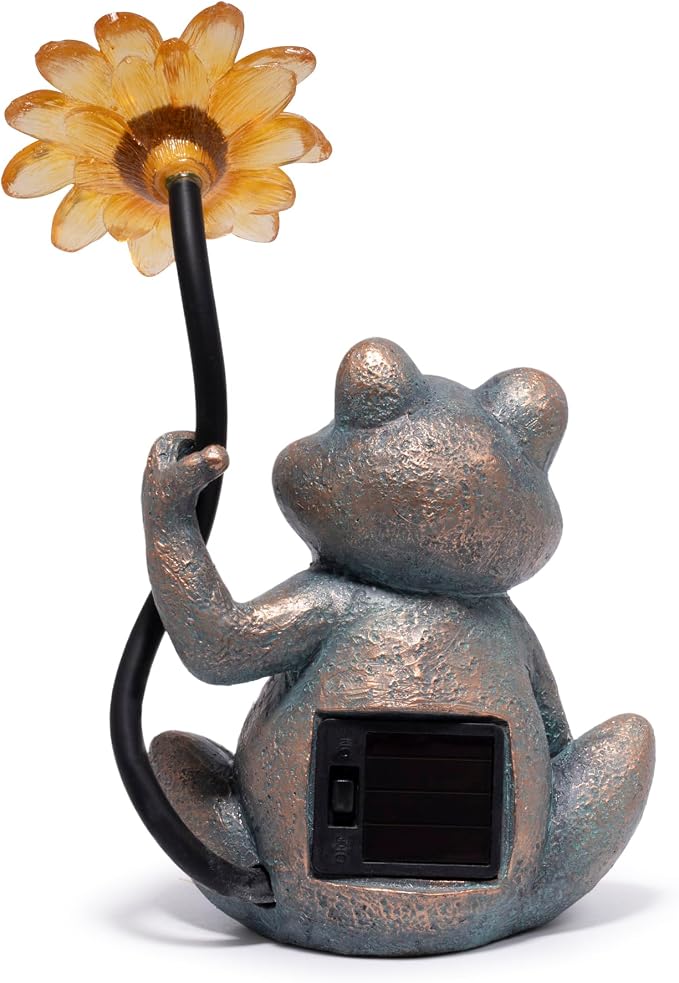 basen Solar Frog Statue with Glowing Sunflower Light, Outdoor Garden Frog Figurine Decor for Yard Lawn Patio, Resin Solar Animal Sculpture with LED Light for Garden Landscape, Gift for Mom Grandma