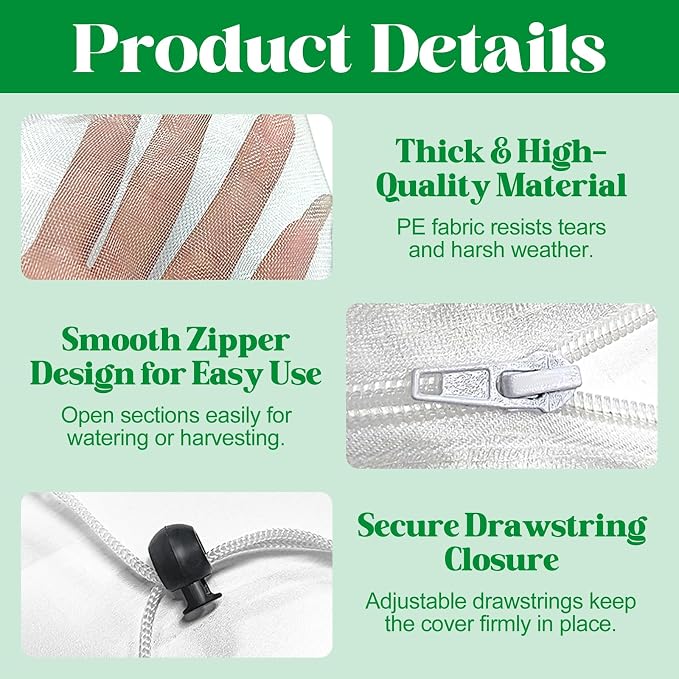6 Pack Tomato Cage Netting Covers for Square Tomato Cages, 41.4" × 17.4" Fine Mesh Garden Netting with Easy-Access Zipper & Adjustable Drawstring, Durable Bird & Insect Barrier for Tomato Plants
