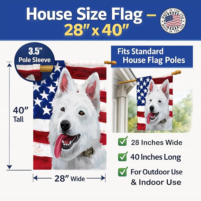Caroline's Treasures CK6431CHF Berger Blanc Suisse American Flag House Flag Large Porch Sleeve Pole Decorative Outside Yard Banner Artwork Wall Hanging, Polyester, House Size, Multicolor