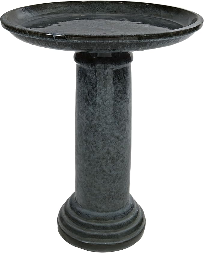 Sunnydaze Toulon Outdoor Ceramic Bird Bath - 24.5" H - UV- and Frost-Resistant - Glazed Bowl - Black Mist Glaze
