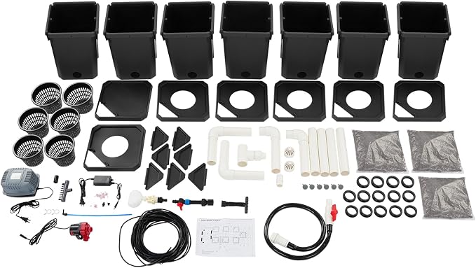 DWC Hydroponic System, Hydroponic Bucket Set (6 Planting Buckets+1 Storage Bucket), 7.13Gallon Water Culture Growing Bucket with Air Pump & Top Drip Kit, for Indoor/Outdoor