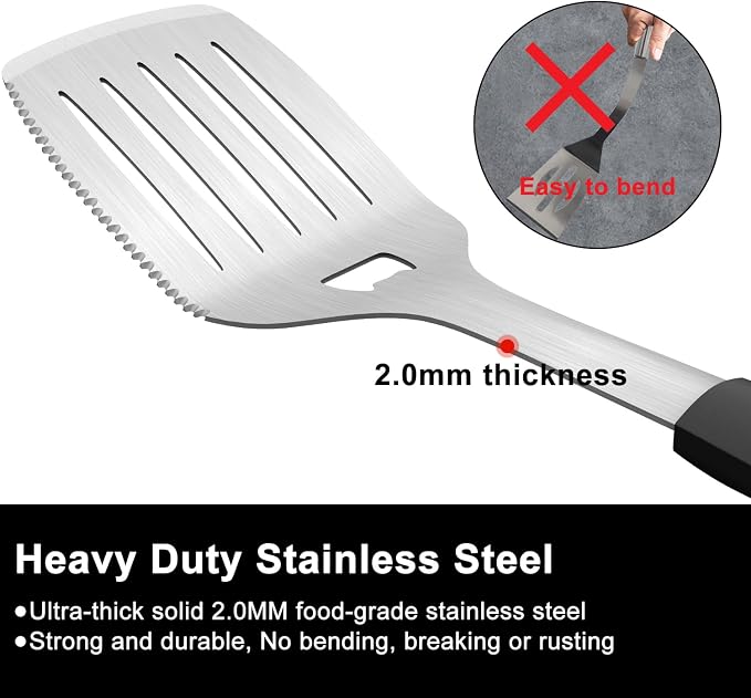 15.8" Heavy Duty Grill Set - Stainless Steel BBQ Tools with Spatula & Fork, Professional Grilling Gifts for Men, Outdoor Barbecue Tool Set