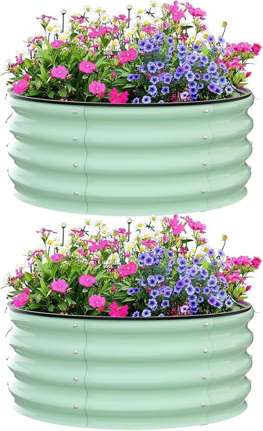Garvee Galvanized Raised Garden Bed, 2Pcs Raised Garden Beds Outdoor, Round Planter Raised Beds with Gloves and Rubber Edge Trim for Vegetables, Flowers and Herbs, 2x2x1 FT, Green