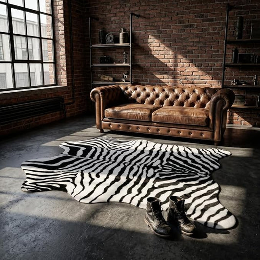 MustMat Faux Zebra Print Area Rug, Industrial Style Decor 4'7'' × 5'3'' | Black/White, Fits Bedrooms, Living Rooms & Reading Nooks. Suits Rustic, Minimalist Decor For Holiday & Birthday Use