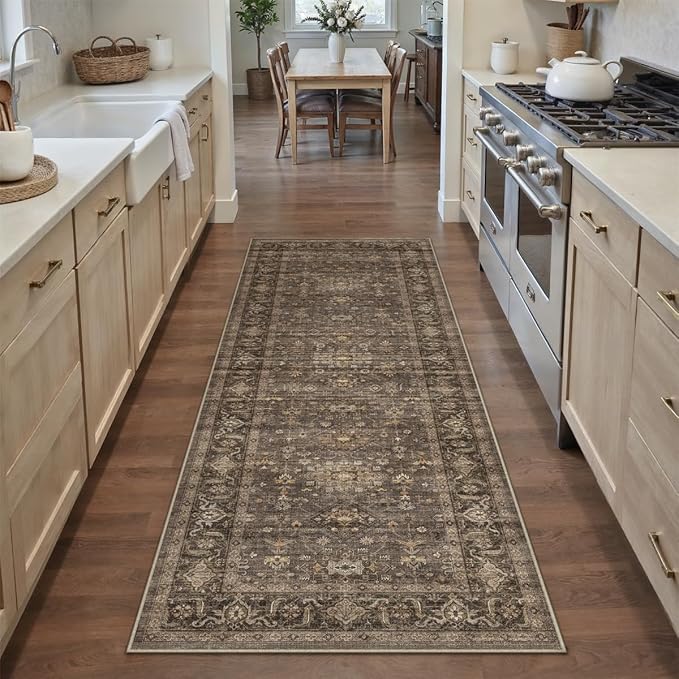 2x7 Dark Brown Vintage Runner Rug | Washable, Non Slip, Soft Low Pile, Traditional Farmhouse, for Hallway Kitchen Laundry Bathroom Bedroom