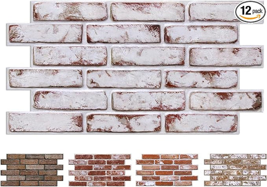 COMSTICKC 3D Faux Brick Wall Panel Red-Tinted White, Peel and Stick Wall Covering, 12 Pcs of 22.8" x 11.8", Not Real Brick, UrltraLight PVC Self Adhesive Wall Tile, Paintable, Covers 22.48 sq.ft
