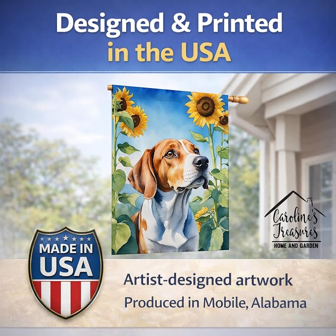 Caroline's Treasures DAC6074CHF English Foxhound in Sunflowers House Flag Large Porch Sleeve Pole Decorative Outside Yard Banner Artwork Wall Hanging, Polyester, House Size, Multicolor