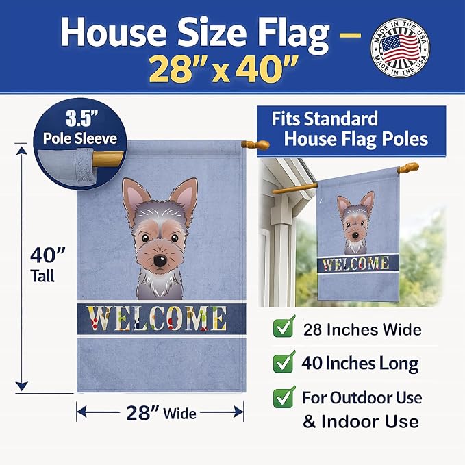 Caroline's Treasures BB1418CHF Yorkie Puppy Welcome House Flag, Blue Large Porch Sleeve Pole Decorative Outside Yard Banner Artwork Wall Hanging, Polyester, House Size, Multicolor