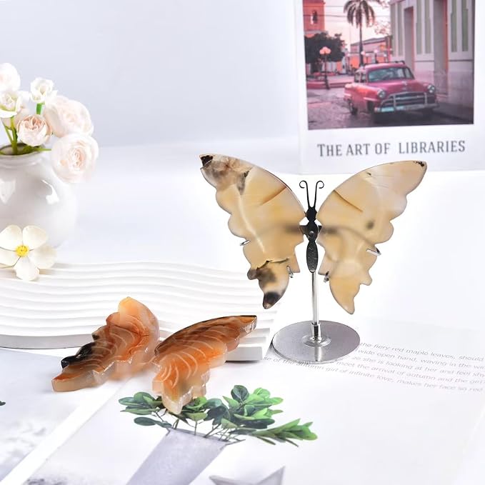 JIC Gem Natural Red Agate Crystal Butterfly Red Healing Gemstone Art Wings Carving Craft with Display Stand Decoration Reiki Chakra Balance (1pair, 10cm)