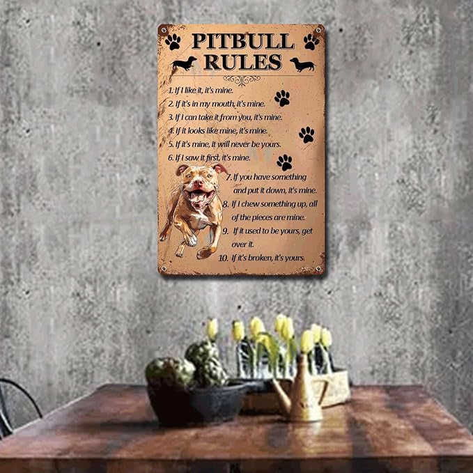 Metal Sign Tin Sign Vintage Wall Art Pitbull Rules Tin Signs for Garden for Pub 12×16 Inches