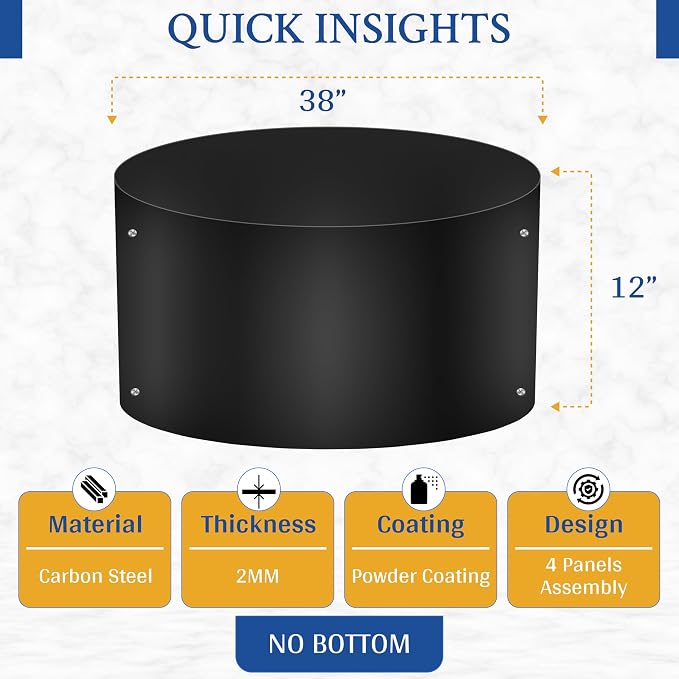 FEBTECH - 38" Dia x 12" H Fire Ring for Outside Fire Pit - No Bottom | Powder Coated 2mm Carbon Steel Deep Fire Ring Insert Liner for Above or In Ground Fire Pit, Outdoor Garden & Camping