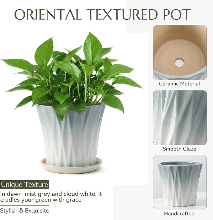 10 Inch Ceramic pots for Plants with Saucer Drainage Leak-Proof Mesh, Round Plant Pot with Gardening Gloves for Indoor Outdoor Plants (Rippled Grey)