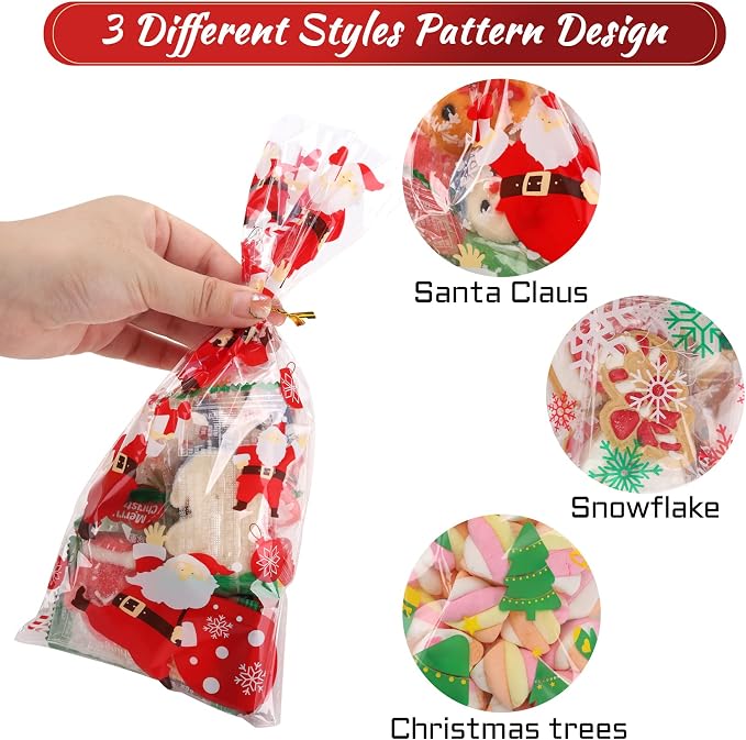 150PACK Christmas Cellophane Bags Treat Cookie Gift Bags with Twist Ties for Christmas Party Favors(150PACK, 5x10inch)