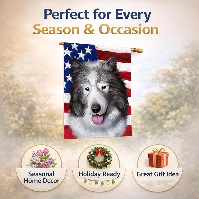 Caroline's Treasures CK6473CHF Canadian Eskimo Dog American Flag House Flag Large Porch Sleeve Pole Decorative Outside Yard Banner Artwork Wall Hanging, Polyester, House Size, Multicolor