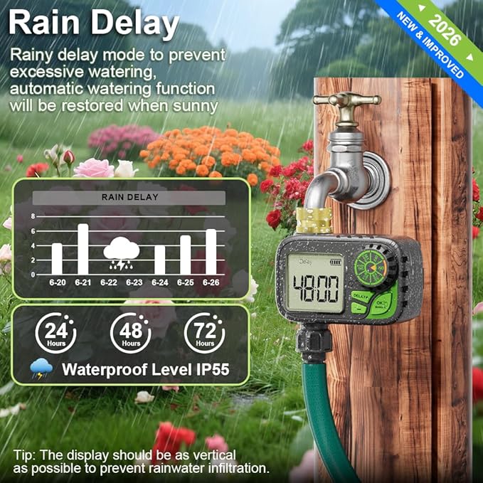 Sprinkler Timer, Programmable Digital Water Hose Irrigation Timer for Lawn | Manual Override,Automatic Watering, Outdoor Waterproof, Yard & Lawn Use with Rain Delay
