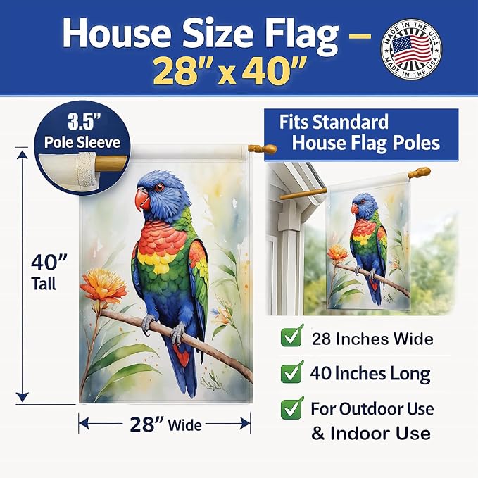 Caroline's Treasures Rainbow Lorikeet House Flag Large Porch Sleeve Pole Decorative Outside Yard Banner Artwork Wall Hanging, Polyester, House Size, Multicolor