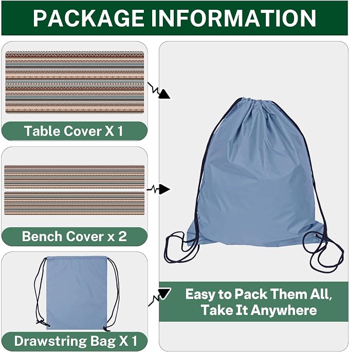 Picnic Table Cover with Bench Covers Elastic Edges, Blue Brown Tripes Camper Fitted Table Cover, Outdoor Patio Camping Essentials 72 Inch 5PCS, Waterproof Camping Fitted Tablecloth with Drawstring Bag