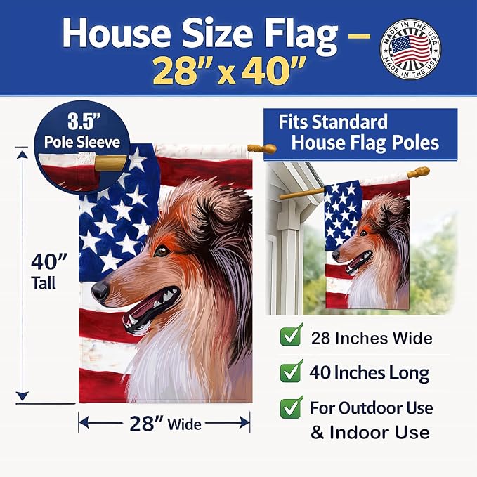 Caroline's Treasures CK6694CHF Scotch Collie Dog American Flag House Flag Large Porch Sleeve Pole Decorative Outside Yard Banner Artwork Wall Hanging, Polyester, House Size, Multicolor