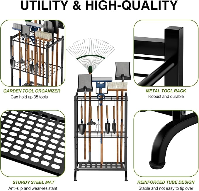 RANXFLOAT Garden Tool Organizer with Storage Hooks, Yard Tool Tower Rack for Garage Organization and Storage, Up to 35 Long-Handled Tools, Metal Tool Holder with 6 Hooks, Black