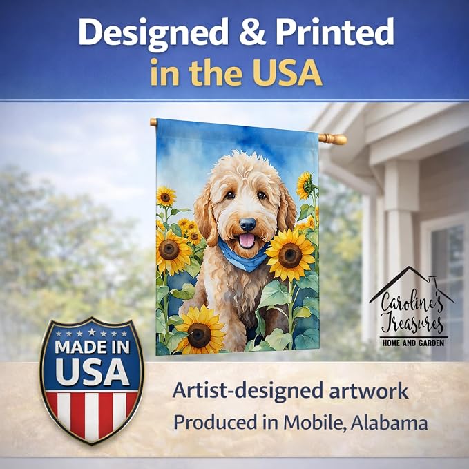 Caroline's Treasures DAC6089CHF Goldendoodle in Sunflowers House Flag Large Porch Sleeve Pole Decorative Outside Yard Banner Artwork Wall Hanging, Polyester, House Size, Multicolor