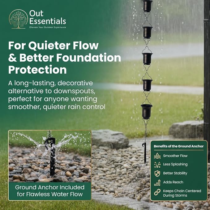 Copper Rain Chain 9 FT, 11 FT Installed with Anchor Stake and Gutter Adapter, Durable Heavy Duty Rain Chains for Gutters for Heavy Rain, Rust Resistant, Outdoor Decor for Homeowners