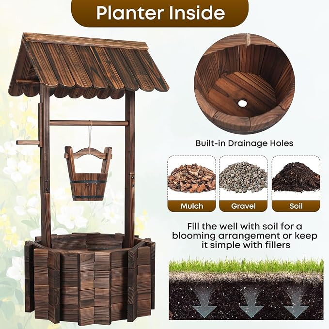 Wishing Wells for Outside,Wooden Wishing Well Planter,Rustic Flower Planter for Garden Patio Lawn Backyard Home Decor-21.7X21.7X47.25IN