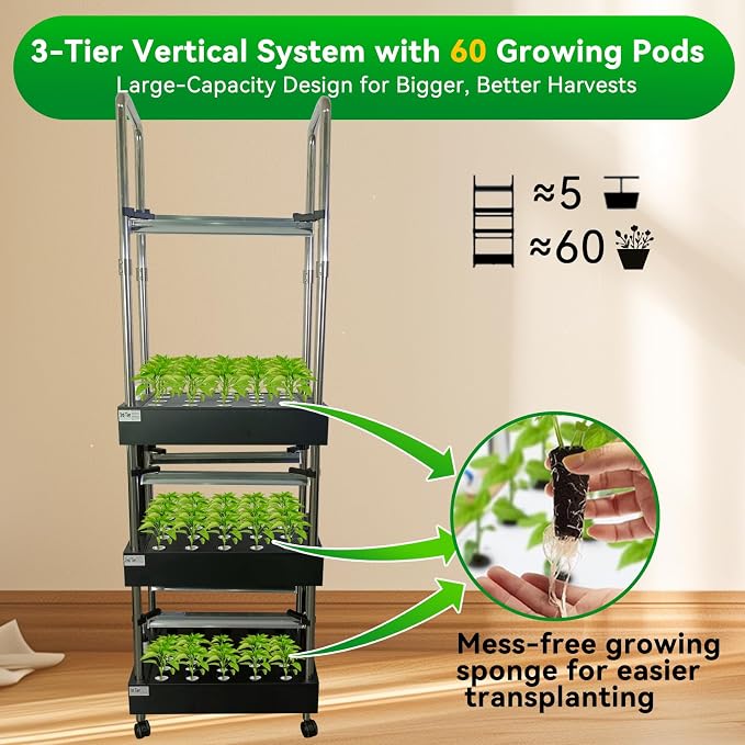 60 Pod Vertical Hydroponic System, Indoor Smart Garden | Full spectrum LED lights, auto water pump, 60 pod vertical tower, herbs, veggies, climbing plants, sponges, 21L tank