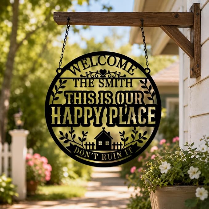 Personalized This Is My Happy Place Metal Sign Custom Family Name Sign Farmhouse Wall Decor Welcome Sign for Front Porch Living Room Backyard Housewarming Gift
