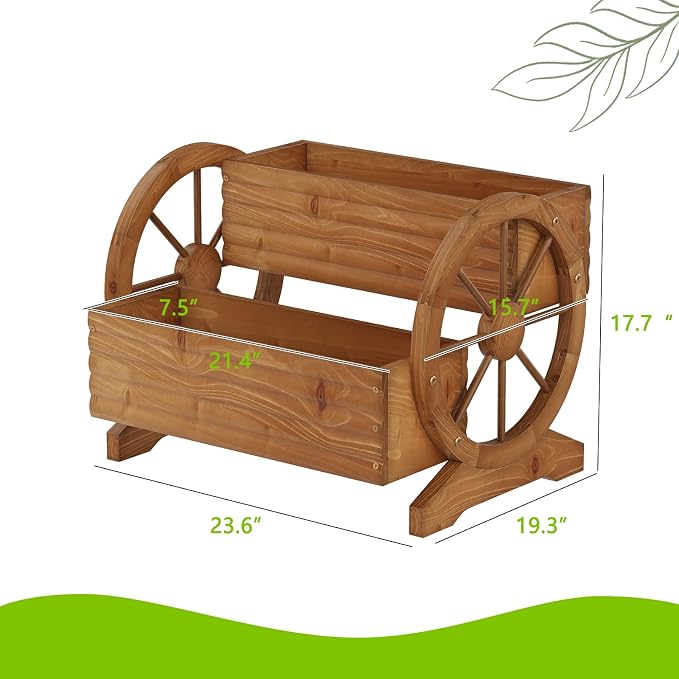 Wooden Wagon Planter with Wheels, Flower Pots, Brown, Large | Outdoor Flower Cart, For Patio Balcony Decoration, Succulent Flower Pot, Indoor Backyard Yard Decor