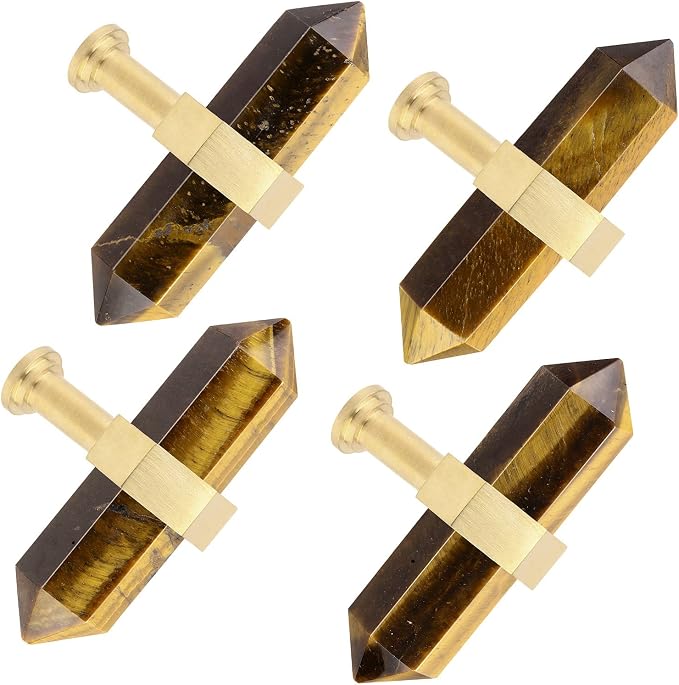 mookaitedecor Set of 2 Tiger's Eye Double Crystal Points Drawer Knobs with Screws, Decorative Stone Cabinet Handle Pulls for Dresser Cupboard Kitchen Decor, Brushed Brass