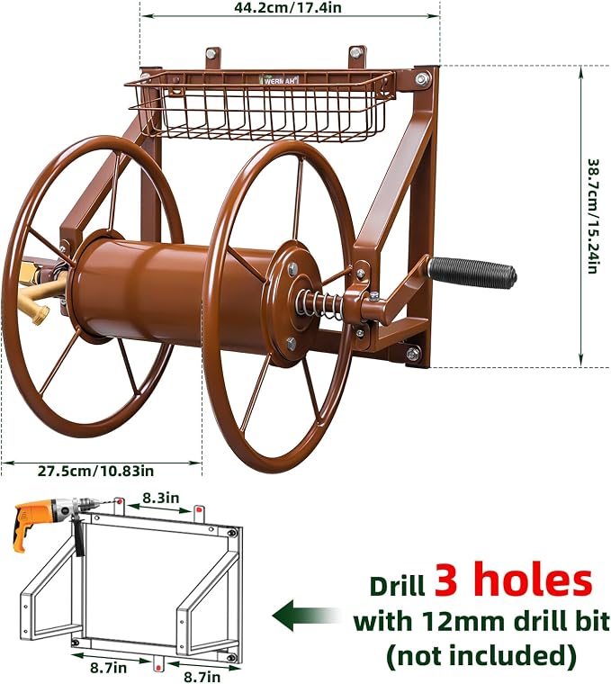Wall Mount Garden Hose Reel, Heavy Duty Metal Holds 155ft 5/8" Hose | Solid Brass Fittings, No Leaks, Rust-resistant. Space-saving Wall Mount for Outside, Lawn, Yard.Easy Install & Rolls Smoothly