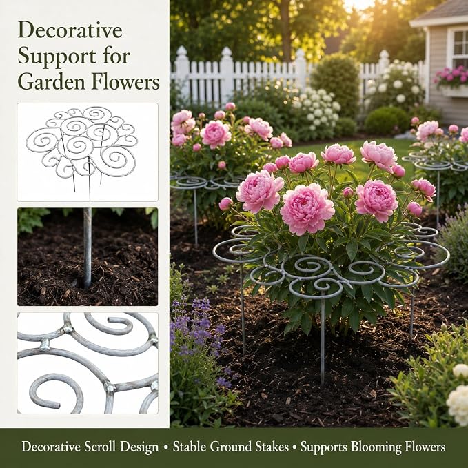 Peony Cages and Supports Support Rings Metal Garden Plant Support Cage Decorative Grow Through Flower Hoops for Peonies Dahlias Roses Hydrangeas Outdoor Plants (Silver,S - 2pcs)
