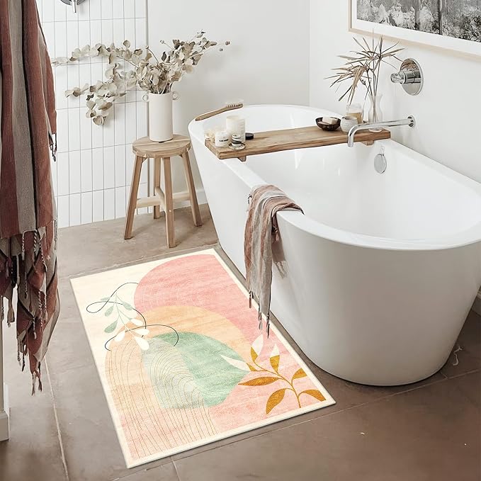 2x3 Washable Rug Small Area Rugs Non Slip Mid Century Modern | Throw Carpet for Bathroom Entryway Entry Entrance Bedroom Bedside Floor Indoor Boho Abstract Retro Geometric Pink