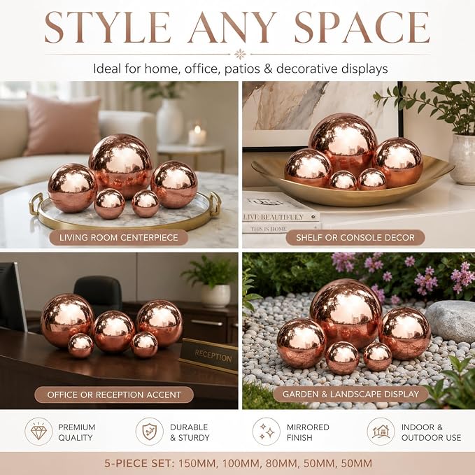 Gazing Ball Garden Mirror Outdoor - Outside Decorative Globe Rose Gold 5Pcs | Metal Polished Reflective Sphere, Stainless Steel Hollow Decoration Ornament for Home Pond Swimming Pool Housewarming Gift