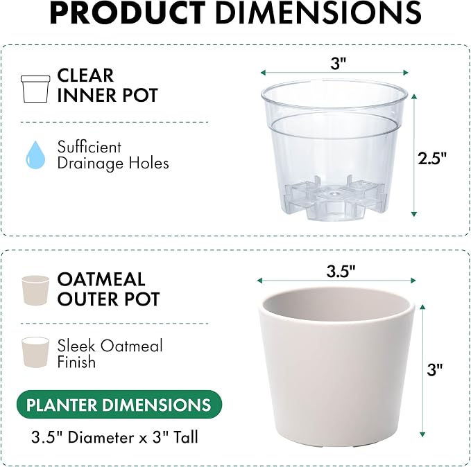 Phoenix Vine 3.5 Inch Oatmeal Plastic Cachepot with Clear Nursery Pot, Decorative Lightweight Planter Cover with Transparent Inner Pot for Indoor Houseplants, Pack of 6, 24-A-G-6