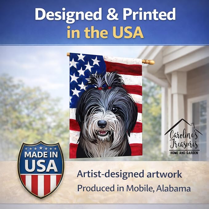 Caroline's Treasures CK6740CHF Tibetan Terrier American Flag House Flag Large Porch Sleeve Pole Decorative Outside Yard Banner Artwork Wall Hanging, Polyester, House Size, Multicolor