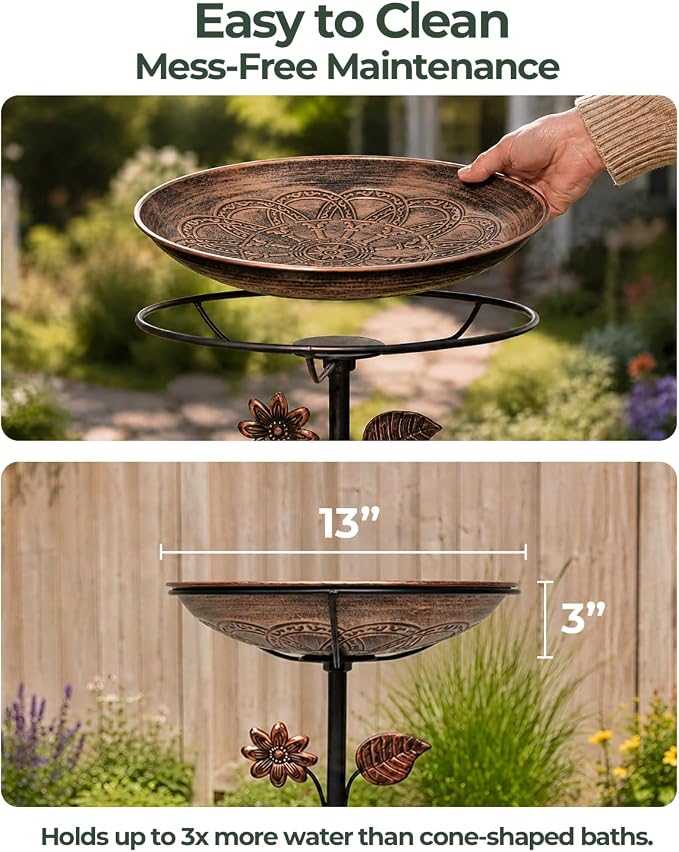 13" Metal Bird Bath for Outside | Rust-Resistant Outdoor Birdbath Bowl with Stake | Adjustable Height Garden Bird Bath, Removable Bowl,Easy to Clean for Yard Lawn Decor