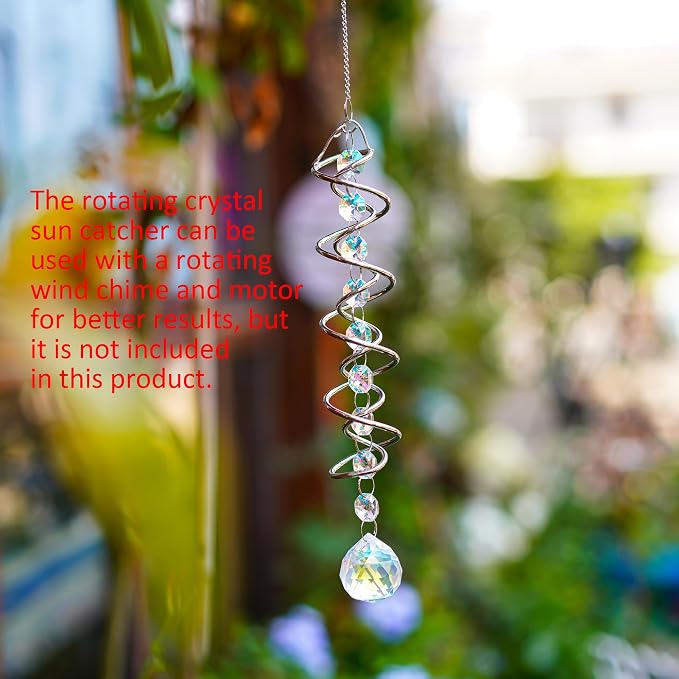 20.5in Crystal Suncatcher Gazing Ball Spiral Wind Spinner Garden Decor | Colorful Crystal Sun Catcher with Octagonal Beads Spiral Tail Rainbow Maker Hanging for Indoor Outdoor Garden Patio Decor