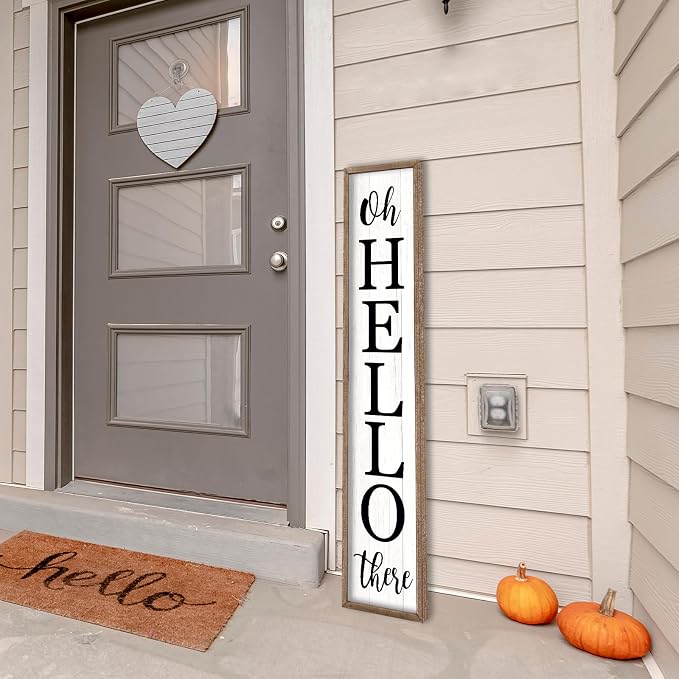 Oh Hello There Outdoor Welcome Sign For Front Porch Standing 45"X9" Large Rustic Farmhouse Vertical Tall Long Wooden Framed Outside Front Door Home Wall Decoration (Wood White)