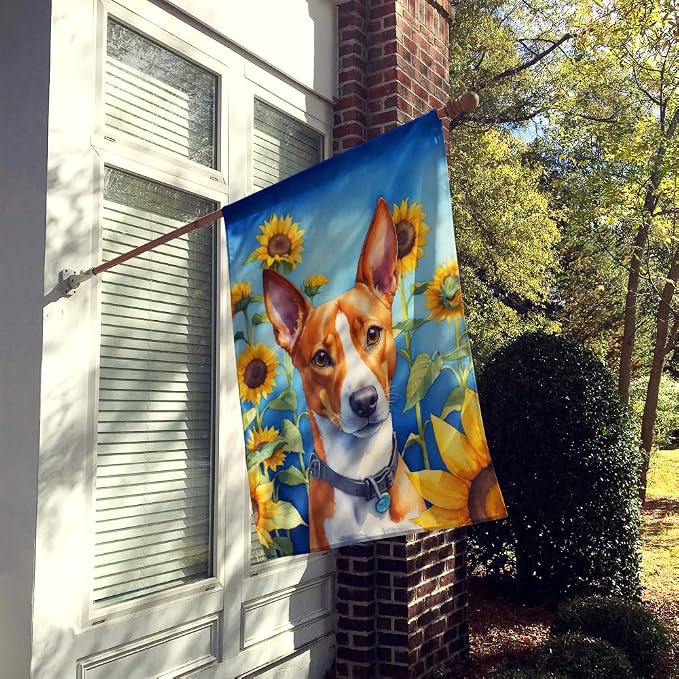 Caroline's Treasures DAC6016CHF Basenji in Sunflowers House Flag Large Porch Sleeve Pole Decorative Outside Yard Banner Artwork Wall Hanging, Polyester, House Size, Multicolor
